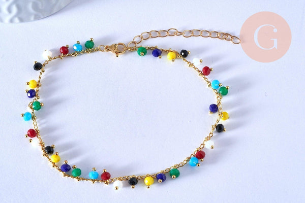 Bracelet chaine cheville laiton et perles multicolores verre 25.4cm, x1 (G4090)
