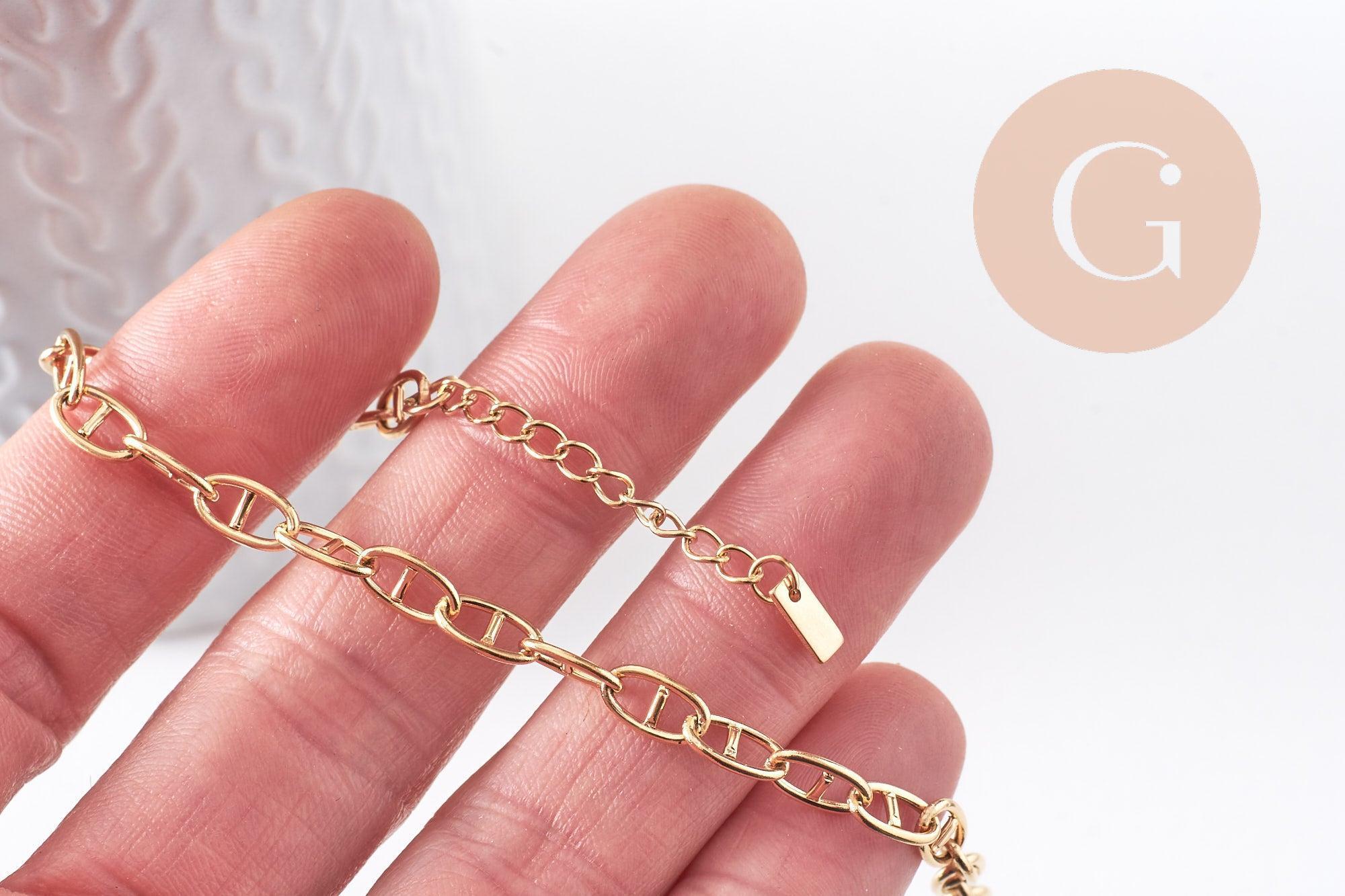 Bracelet chaine maille marine acier 304 inoxydable doré IP 14k 16.7cm, x1 (G10348)