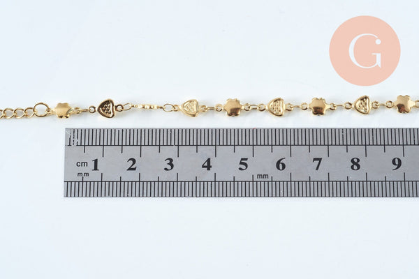 Bracelet cœur & fleur réglable acier doré 14k, 21cm, x1 (G6233)