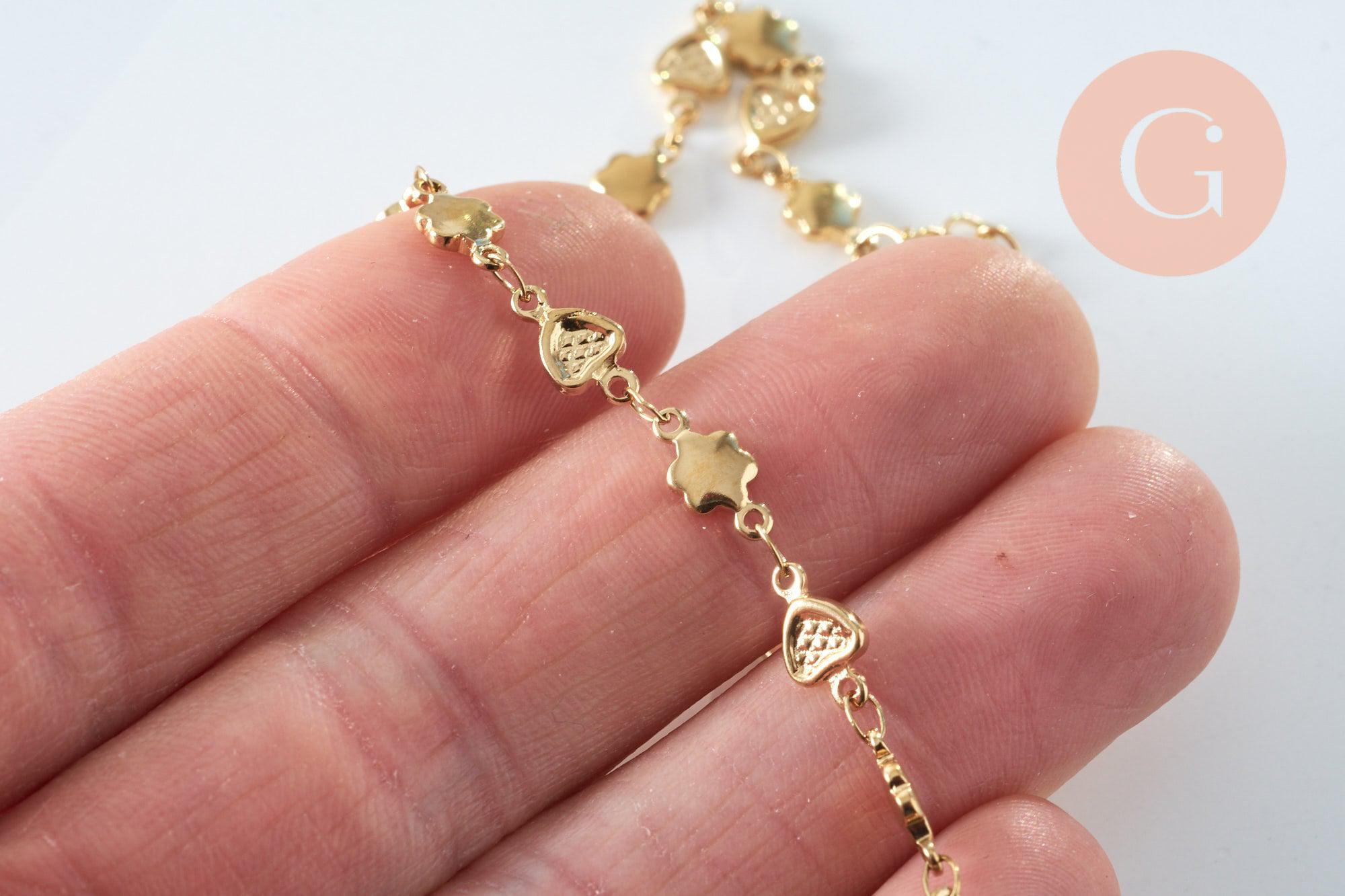 Bracelet cœur & fleur réglable acier doré 14k, 21cm, x1 (G6233)