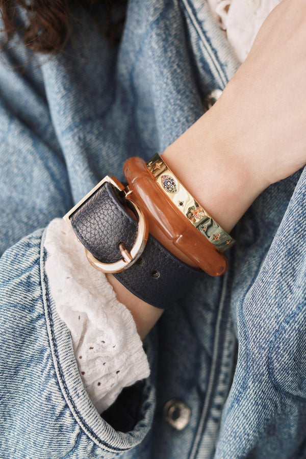 Bracelet cuir marine réglable boucle dorée 25.5mm, x1 (G2494)