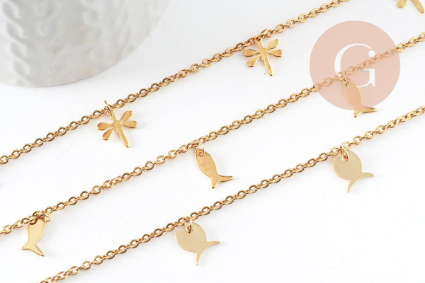 Bracelet de cheville croix coeurs acier inoxydable 304 doré 27-37cm, x1 (G7110)