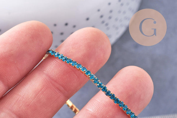 Bracelet élastique laiton doré strass bleu 50mm, x1 (G3960)