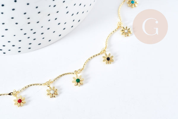 Bracelet fleurs marguerites laiton doré émaillé multicolore 24.5mm, x1 (G8787)