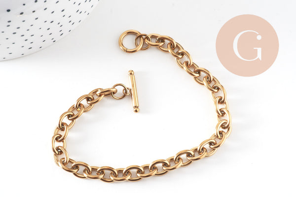 Bracelet grosse maille acier 304 inoxydable doré 14k 22cm, x1 (G4198)