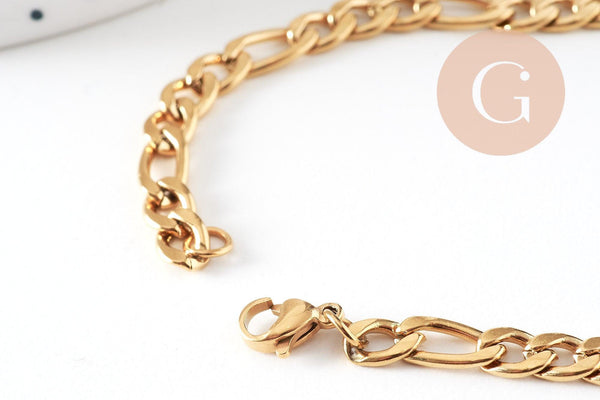 Bracelet grosse maille figaro gourmette acier doré 14k 20cm, x1 (G4448)