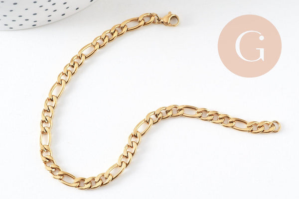 Bracelet grosse maille figaro gourmette acier doré 14k 20cm, x1 (G4448)