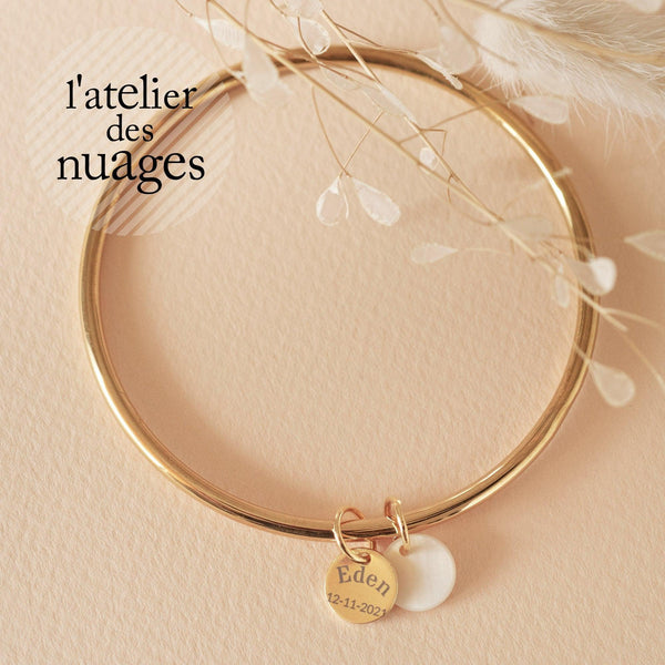 Bracelet jonc à personnaliser Acier Inoxydable 304 avec Médaille & nacre, x1 (ADN2)