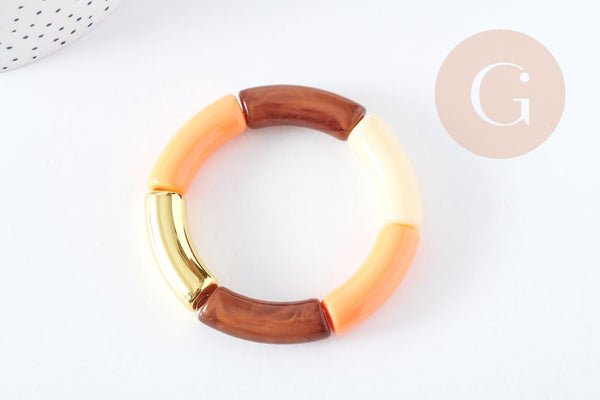 Bracelet jonc élastiqué résine ambre, noir et or imitation pierre 50mm, x1 (G8831)