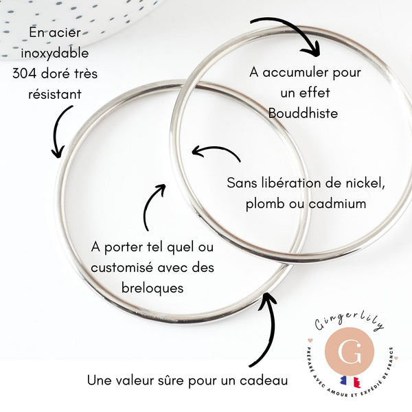 Bracelet jonc lisse rond 3mm acier 304 inoxydable platine 65mm,(Légères traces à la jointure) x1 (G9259)