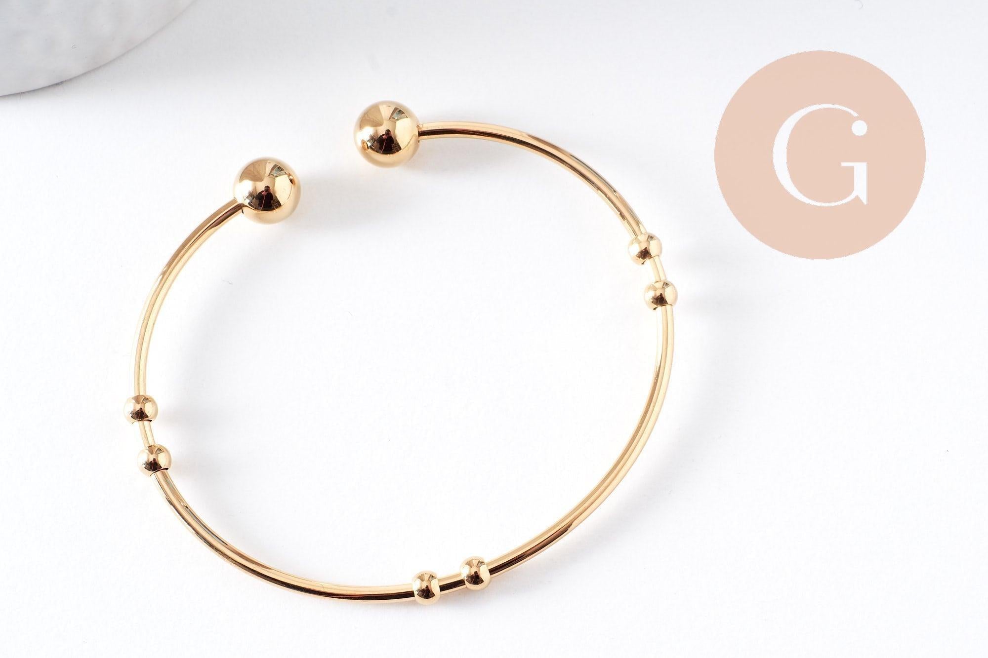 Bracelet jonc ouvert finition boule 2mm acier 304 inoxydable doré 53~60mm, x1 (G10310)