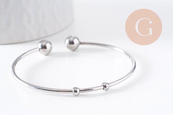 Bracelet jonc ouvert finition boule 4mm acier 304 inoxydable platine 50~65mm, x1 (G10314)