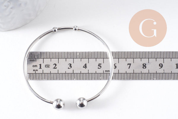 Bracelet jonc ouvert finition boule 4mm acier 304 inoxydable platine 50~65mm, x1 (G10314)