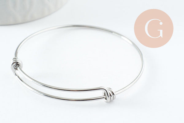 Bracelet jonc réglable lisse rond 1.6mm acier 316 inoxydable platine 60-68mm, x1 (G9417)