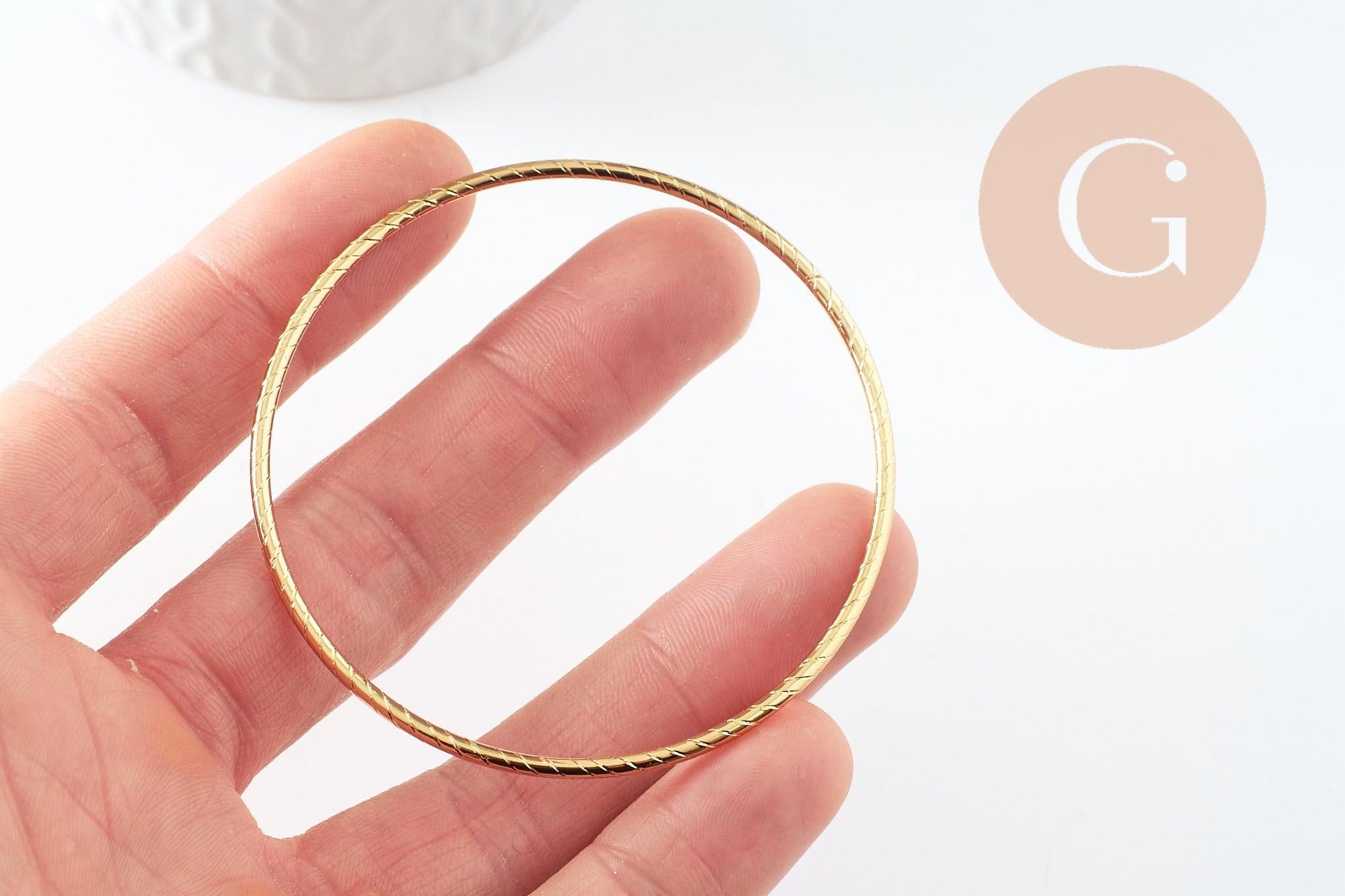 Bracelet jonc strié acier inoxydable doré 14k 60mm, bracelet résistant à l'eau, sans nickel, x1 (G9508)