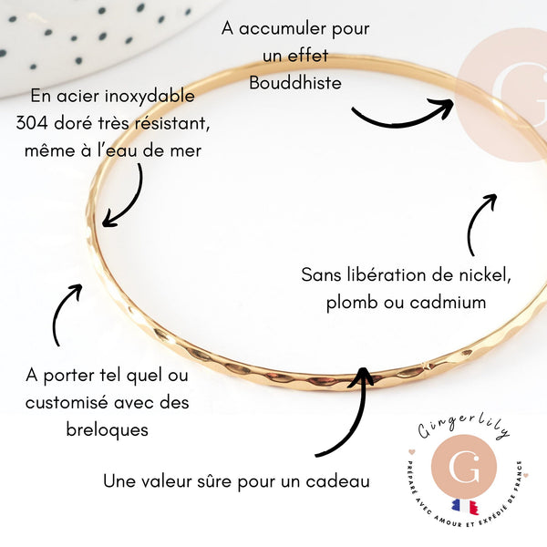 Bracelet jonc strié acier inoxydable doré 14k 71mm, x1 (G5961)