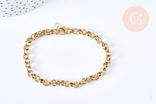 Bracelet maille rollo acier inoxydable 304 doré 14k, 1.5mm, 20.5cm, x1 (G6893)
