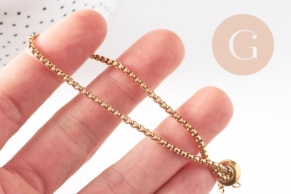 Bracelet maille rollo réglable fermoir coulissant acier inoxydable 304 doré 14k 24cm, x1 (G0188)