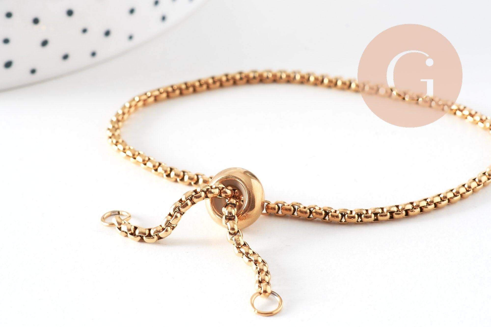 Bracelet maille rolo réglable fermoir coulissant acier inoxydable 304 doré 14k 24cm, x1 (G0188)