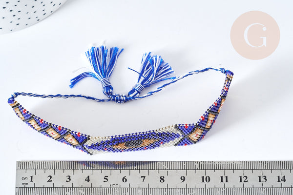Bracelet manchette Réglable oeil protecteur perles rocailles tissées bleu 28cm, x1 (G7684)