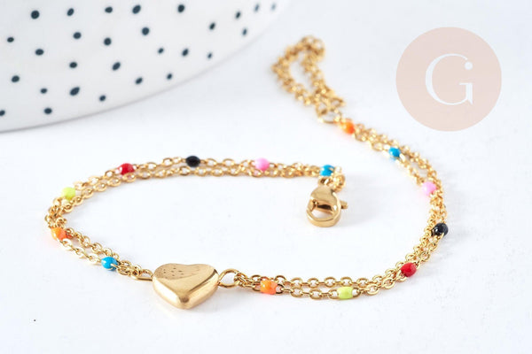 Bracelet multichaine coeur acier doré 304 inoxydable émaillé multicolore 25mm, idée cadeau anniversaire fête des mères femme, x1 G8804