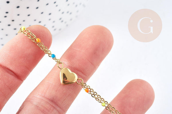 Bracelet multichaine coeur acier doré 304 inoxydable émaillé multicolore 25mm, idée cadeau anniversaire fête des mères femme, x1 G8804
