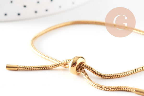 Bracelet réglable chaine serpent acier inoxydable doré, fermoir frein, sans nickel, 14k 2mm/ 27cm, x1 (G5496)