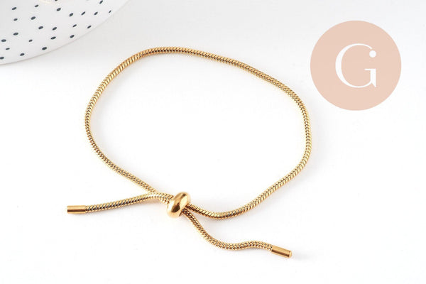 Bracelet réglable chaine serpent acier inoxydable doré, fermoir frein, sans nickel, 14k 2mm/ 27cm, x1 (G5496)