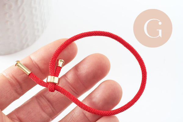 Bracelet réglable cordon polyester rouge acier 304 platine 23-25cm, x1 (G9573)