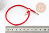 Bracelet réglable cordon polyester rouge acier 304 platine 23-25cm, x1 (G9573)