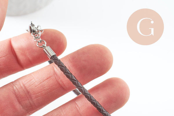 Bracelet réglable cuir cacao acier platine 304 inoxydable 3mm-21.5cm, bracelet unisexe acier inoxydable, x 1 (G9574)