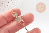 Bracelet réglable laiton doré 14k cadenas et clef zircon, bracelet laiton or, sans nickel, bracelet zircon doré,26cm, x1 (G2572)