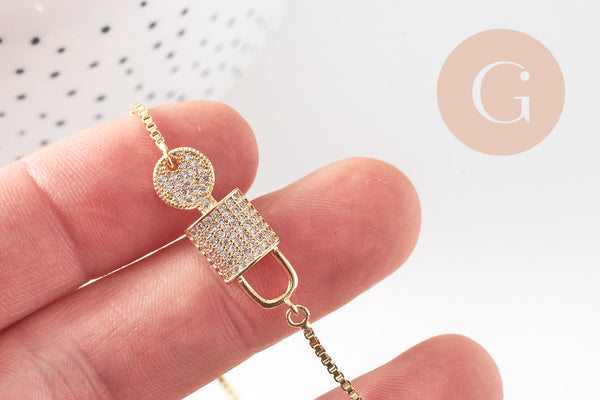 Bracelet réglable laiton doré 14k cadenas et clef zircon, bracelet laiton or, sans nickel, bracelet zircon doré,26cm, x1 (G2572)