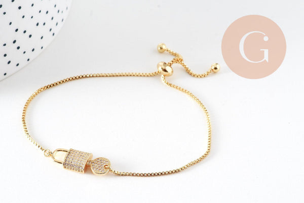 Bracelet réglable laiton doré 14k cadenas et clef zircon, bracelet laiton or, sans nickel, bracelet zircon doré,26cm, x1 (G2572)