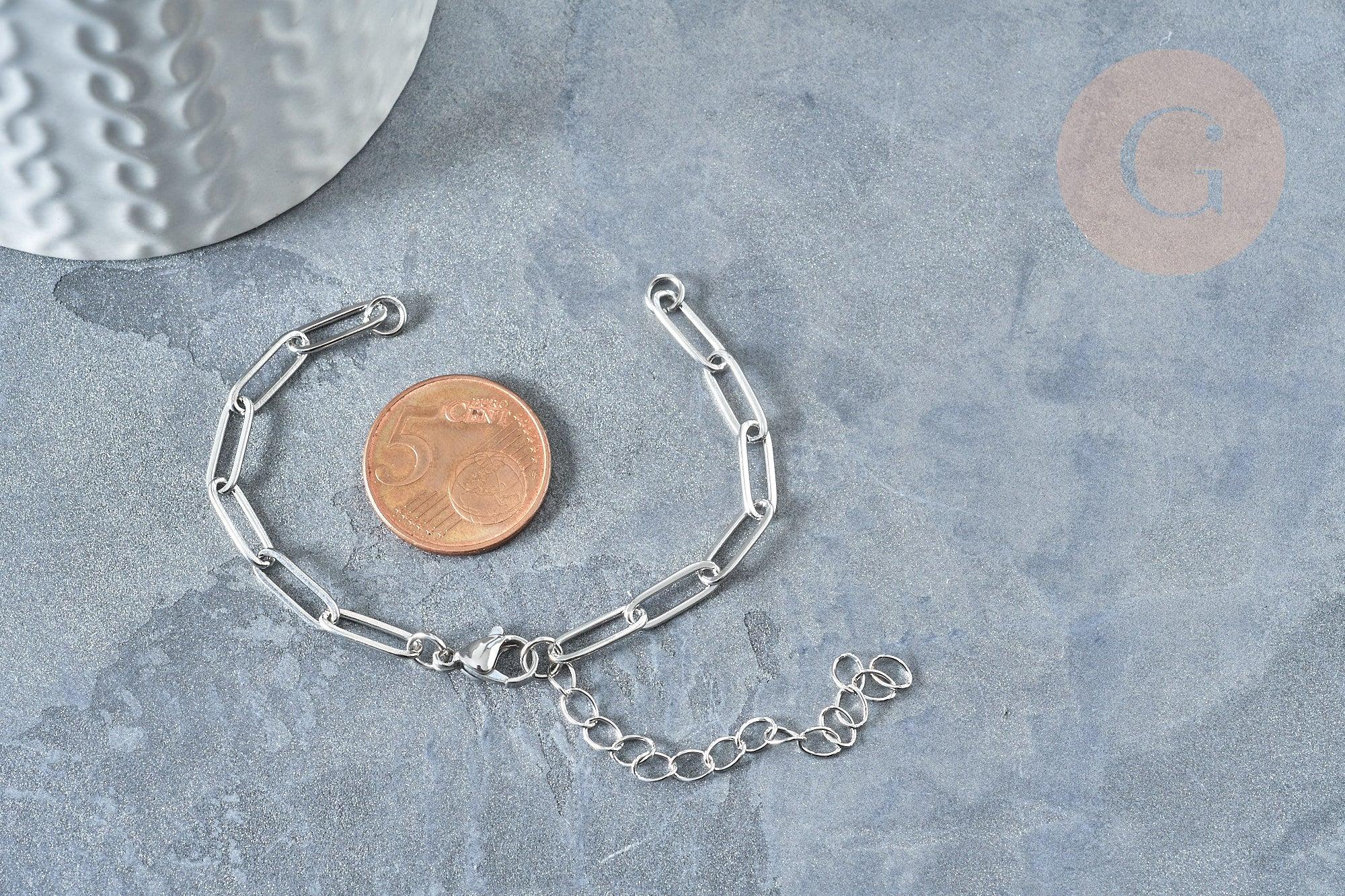 Bracelet réglable maille trombone fantaisie platine acier 304 inoxydable 14.5cm, x1 (G7885)