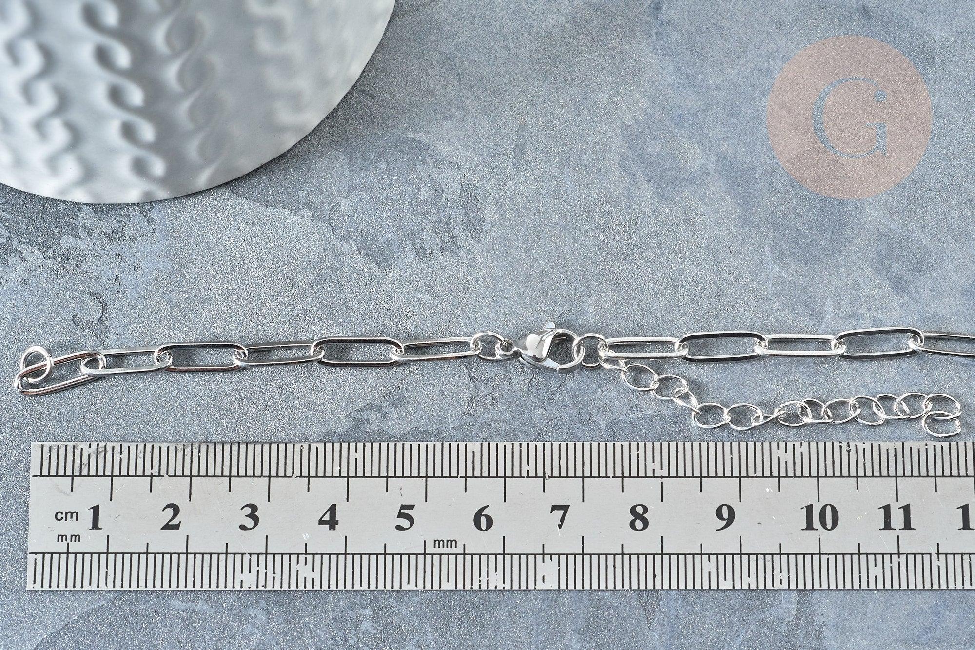 Bracelet réglable maille trombone fantaisie platine acier 304 inoxydable 14.5cm, x1 (G7885)