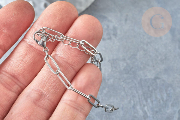 Bracelet réglable maille trombone fantaisie platine acier 304 inoxydable 14.5cm, x1 (G7885)