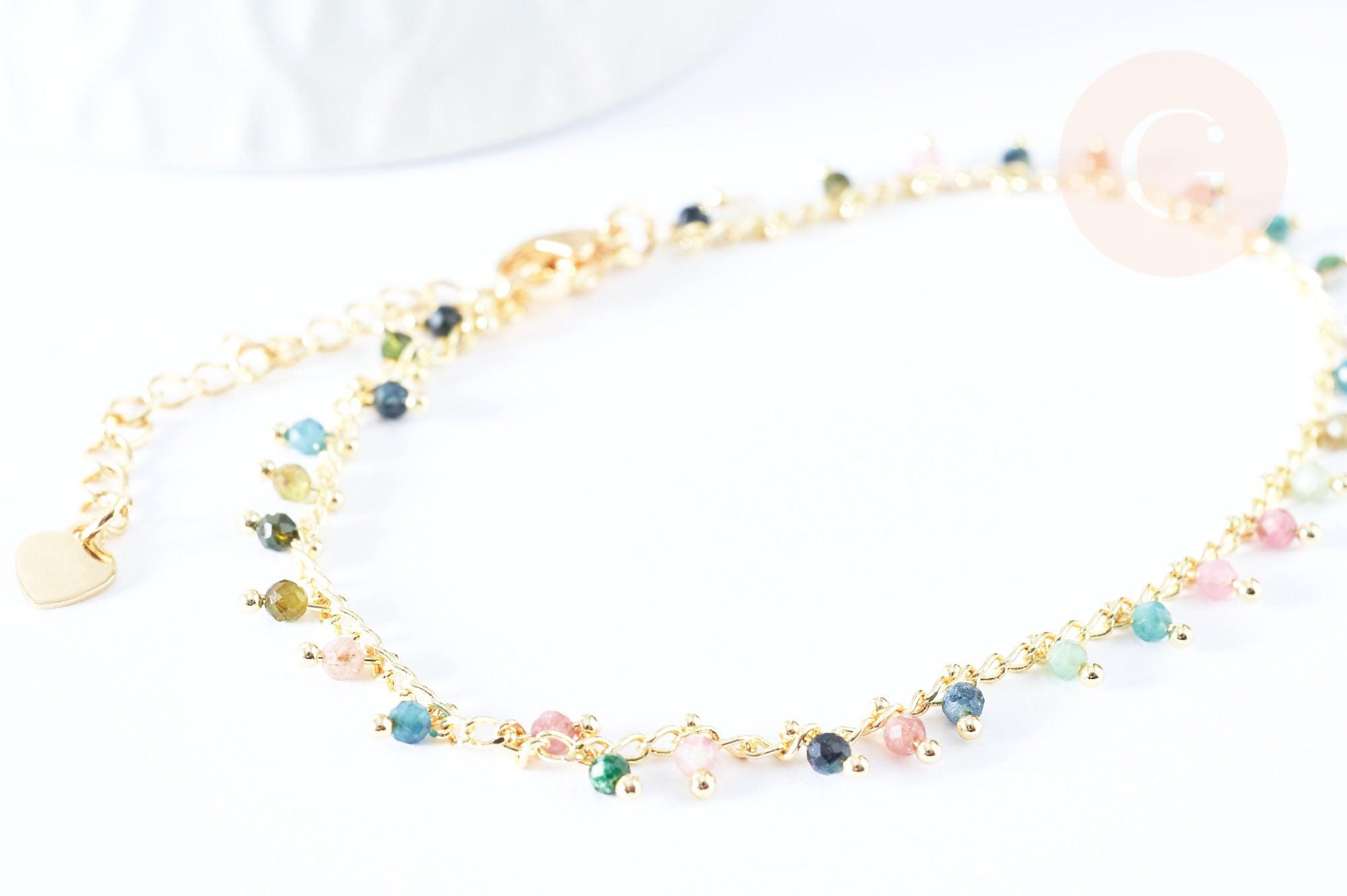 Bracelet réglable perles tourmaline laiton doré 19cm, x1 (G6978)