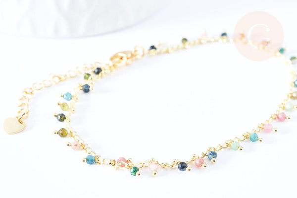 Bracelet réglable perles tourmaline laiton doré 19cm, x1 (G6978)