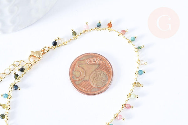 Bracelet réglable perles tourmaline laiton doré 19cm, x1 (G6978)