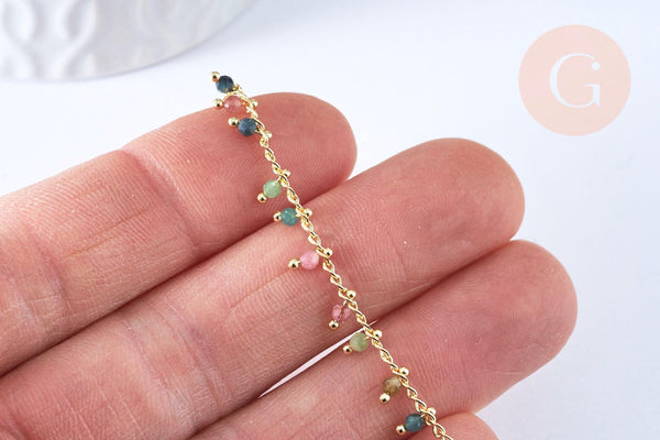 Bracelet réglable perles tourmaline laiton doré 19cm, x1 (G6978)