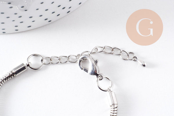 Bracelet serpent platine type Pandora complet AVEC ExTENSION 18cm, x1 (G2382)