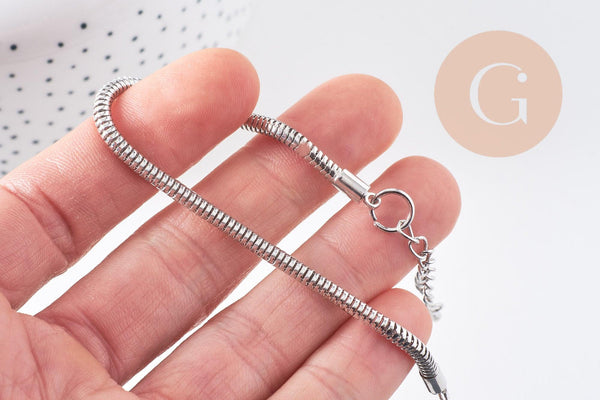 Bracelet serpent platine type Pandora complet AVEC ExTENSION 18cm, x1 (G2382)