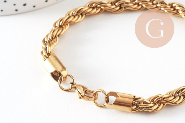 Bracelet torsadé acier doré 14k,bracelet acier chirurgical, sans nickel, 22cm, x1 (G1398)