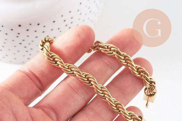 Bracelet torsadé acier doré 14k,bracelet acier chirurgical, sans nickel, 22cm, x1 (G1398)