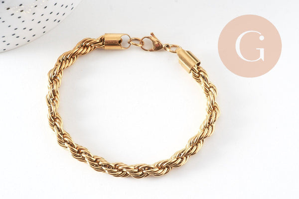 Bracelet torsadé acier doré 14k,bracelet acier chirurgical, sans nickel, 22cm, x1 (G1398)