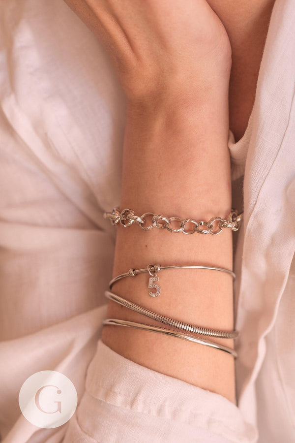 Bracelet très grosse maille rolo acier inoxydable platine texturé 20.3cm, x1 (G10313)