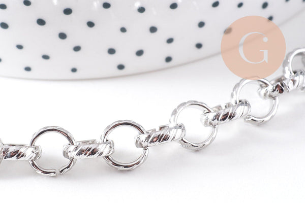 Bracelet très grosse maille rolo acier inoxydable platine texturé 20.3cm, x1 (G10313)