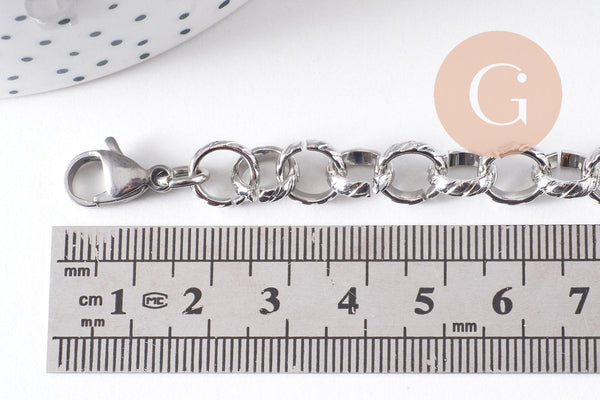 Bracelet très grosse maille rolo acier inoxydable platine texturé 20.3cm, x1 (G10313)