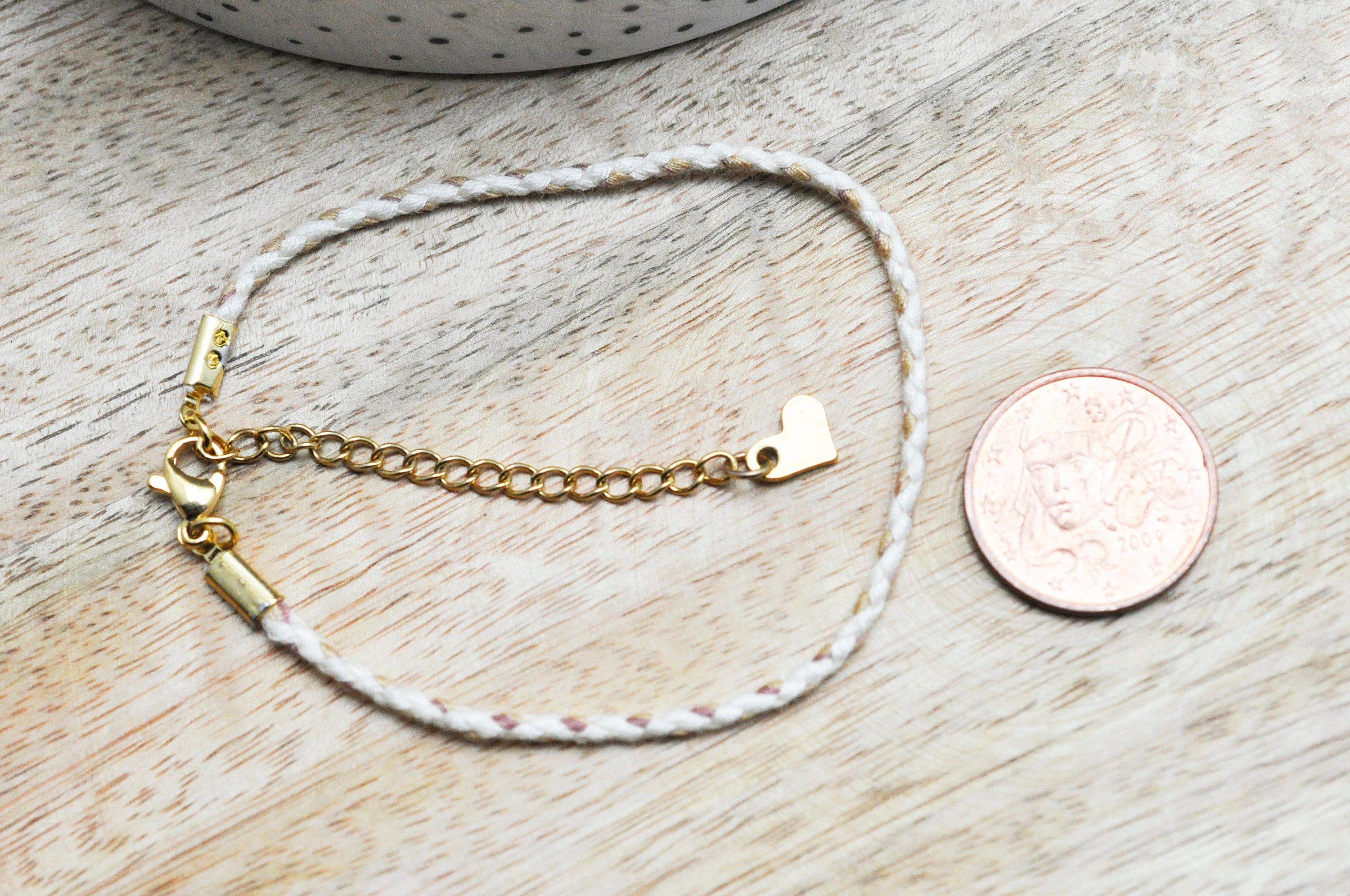 Bracelet tressé coton jaune bleu acier doré 14k 20.5cm, x1 (G6221)